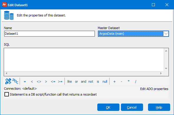 This image shows the Edit Dataset dialog box that is used to add Datasets.  This dialog contains fields for entering the Dataset Name, specifying the Master Dataset, and for entering SQL.  Operators such as equals, less than, greater than, among others, are displayed which can be used to create expressions.